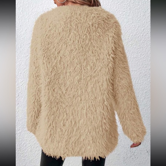 Luxe khaki cozy open front teddy coat jacket - Picture 3 of 6